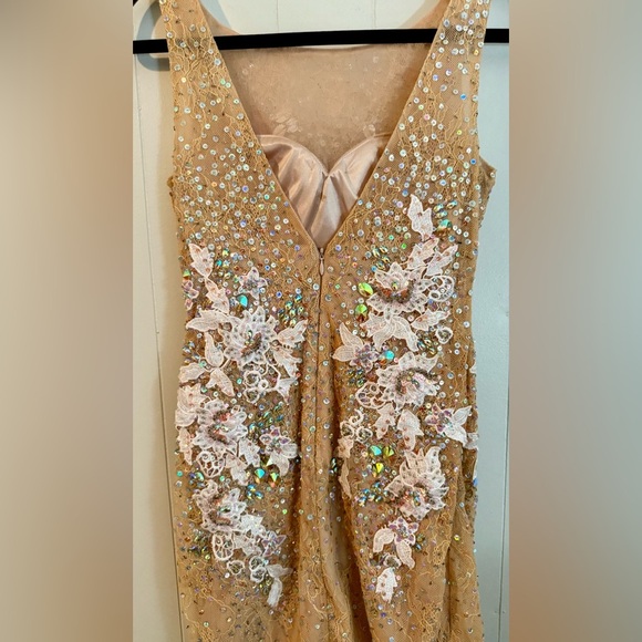 JOVANI Vintage Tan Floral Embellished Sequin Jeweled Midi Dress, Size 2 - Picture 6 of 16